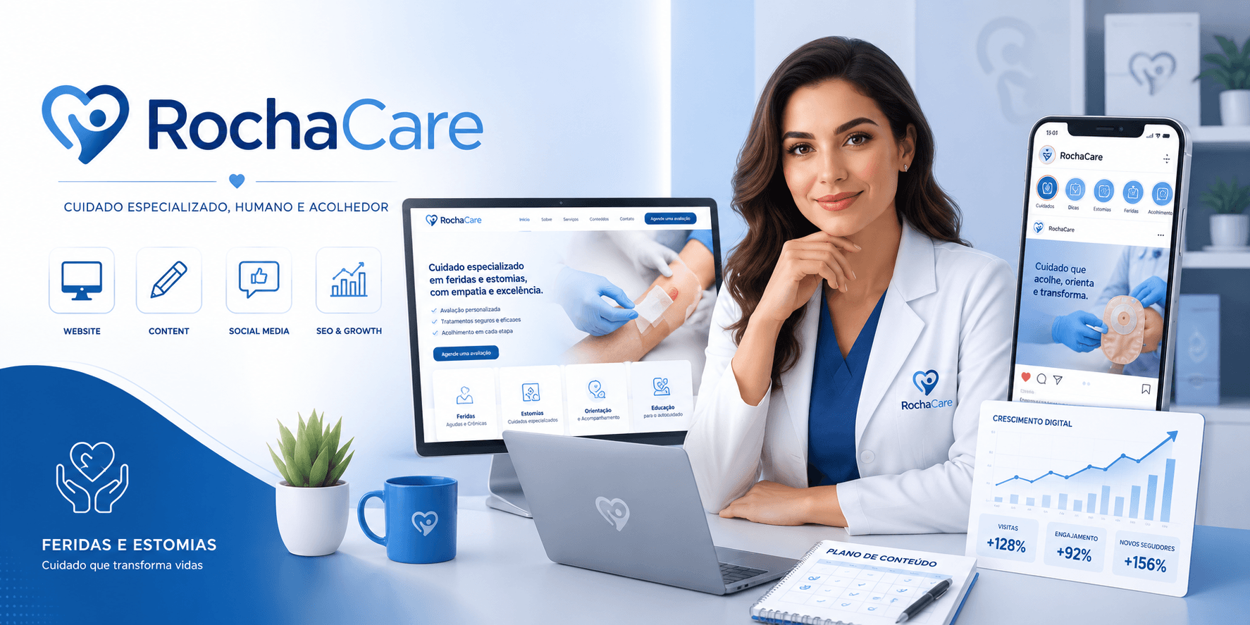 RochaCare digital product showing website, content, social media, and digital brand delivery